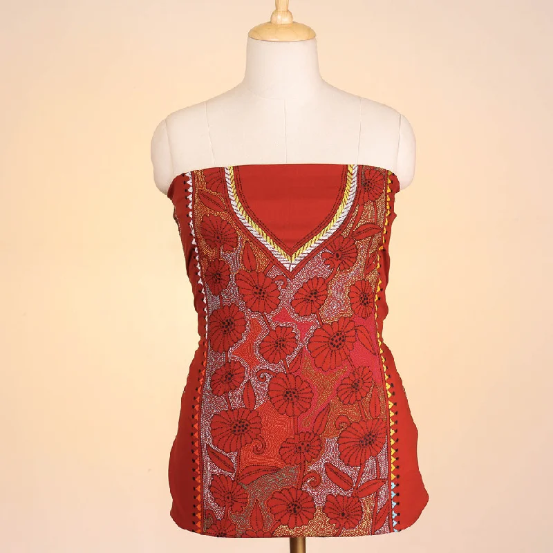 Act Now Red - Bengal Kantha Embroidered Pure Cotton Kurta Material