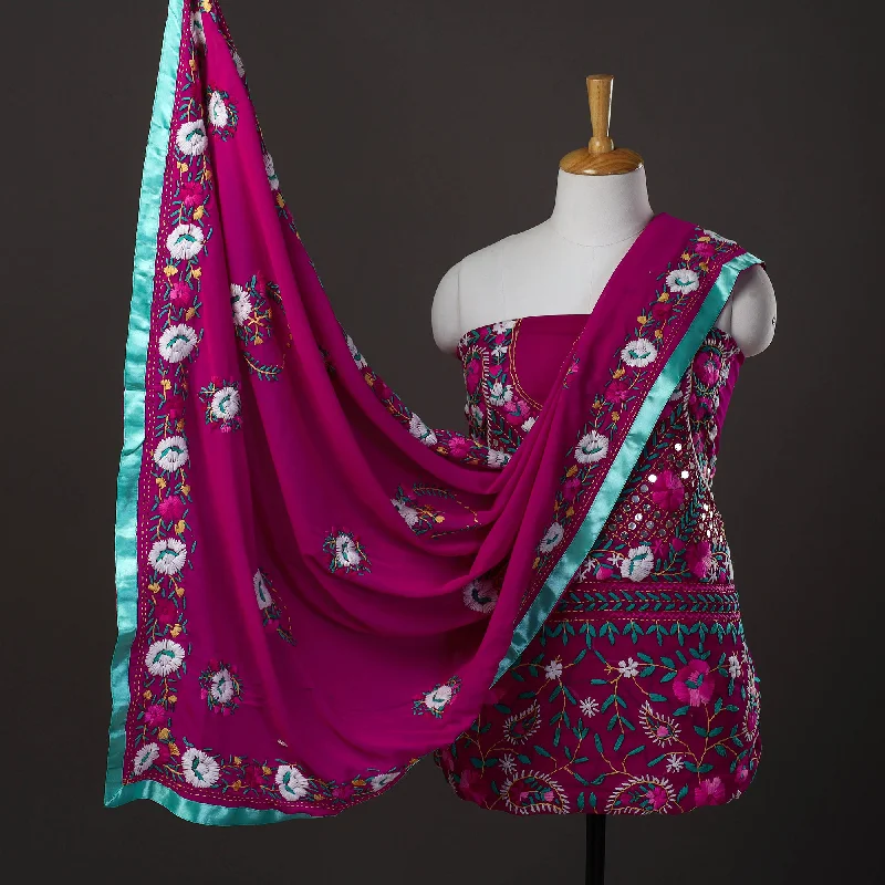 Instant Savings Purple - 3pc Hand Embroidery Georgette Phulkari Dress Material 34