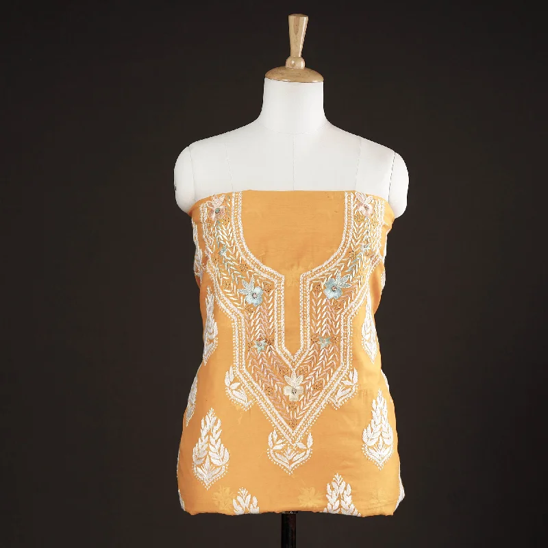 Instant Savings Orange - Lucknow Chikankari with Parsi Style Embroidery Chanderi Silk Kurta Material - 3.1 Meter