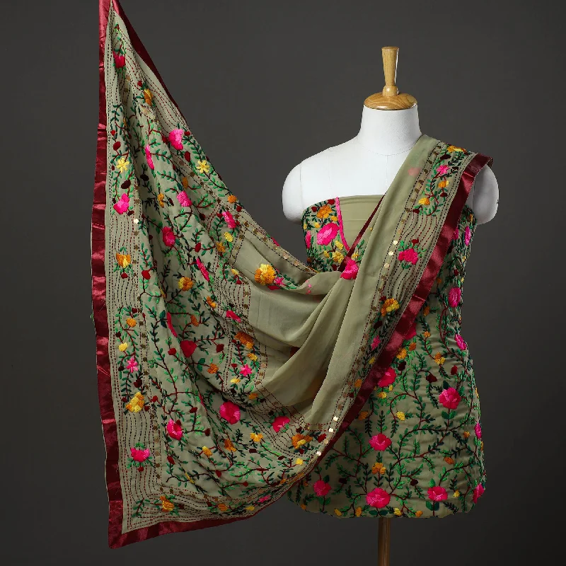 Clearance Event Green - 3pc Hand Embroidery Georgette Phulkari Dress Material 05