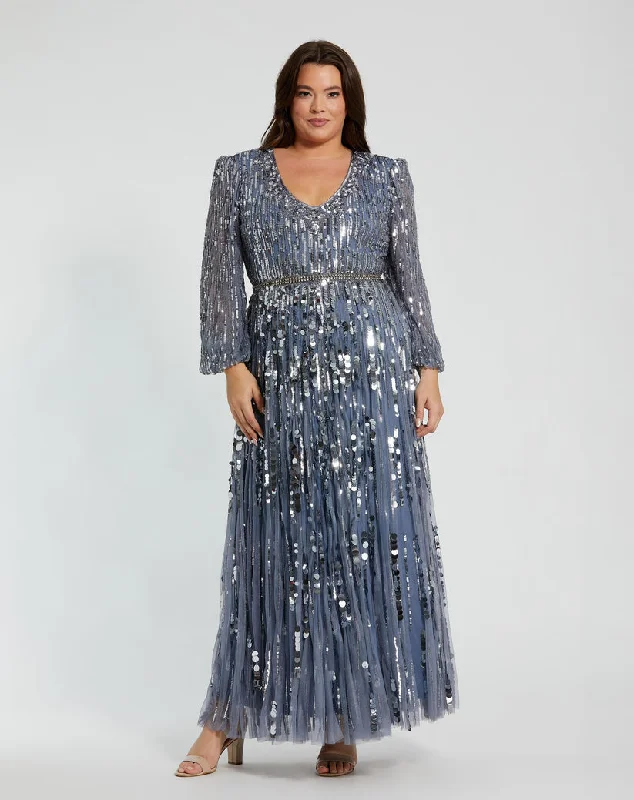 Savings Event Mac Duggal 10019 Long Sleeve Formal Sequin Plus Size Dress