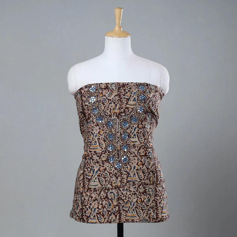 Seasonal Clearance Brown - Bead Work Embroidery Kalamkari Block Printed Cotton Kurta Material - 2.5 meter