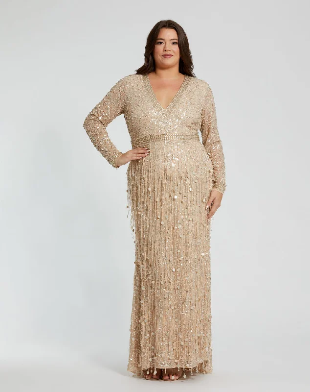 Anniversary Sale Mac Duggal 94074 Plus Size Fringe Long Sleeve Formal Dress