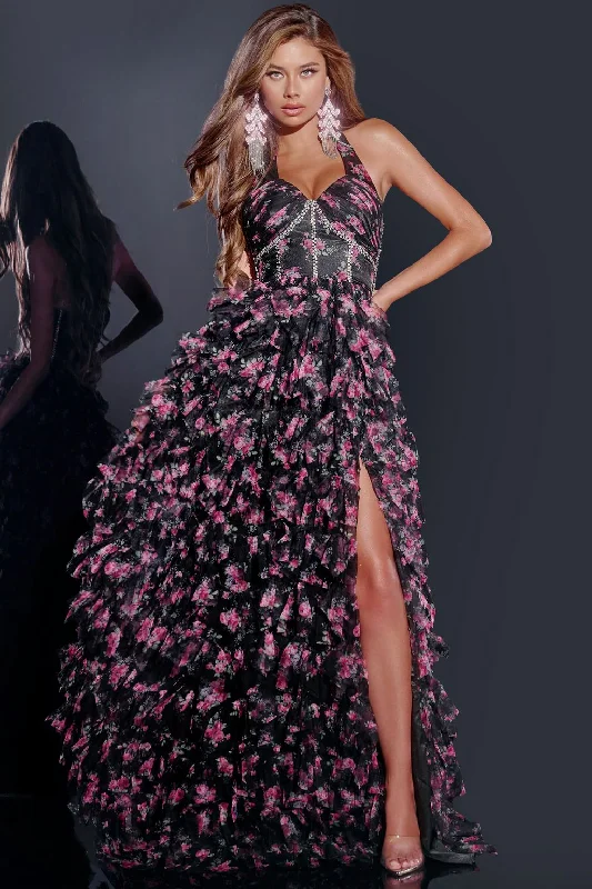 Online Only Jovani D5065 A Line Long Floral Formal Prom Dress