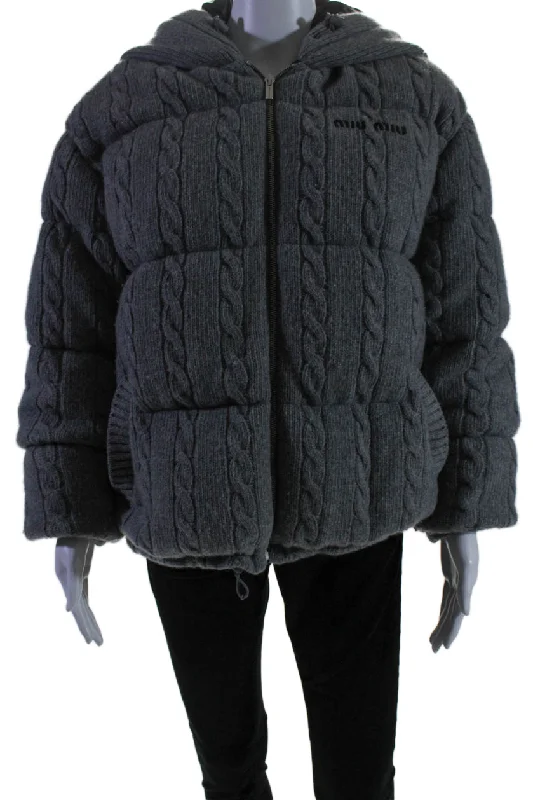 Special Promotion Miu Miu Womens Wool Cable Knit Gray Full Zip Hooded Long Sleeve Coat