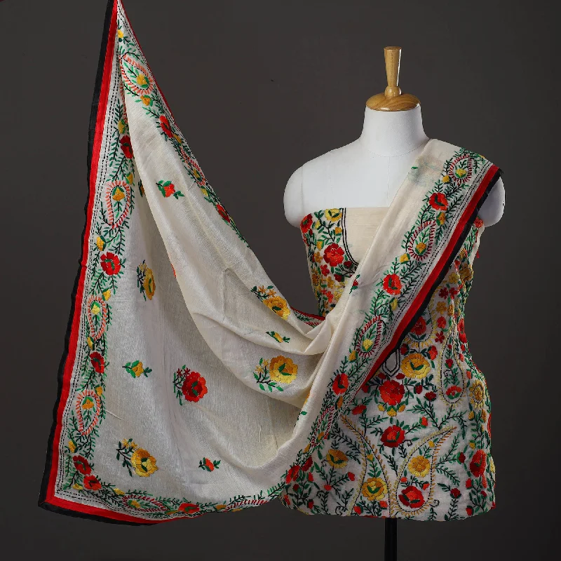 Shop and Save White - 3pc Hand Embroidery Chanderi Silk Phulkari Dress Material 61