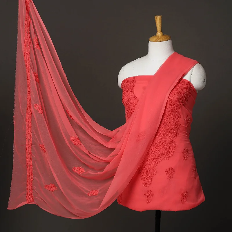 Sale Event Red - 3pc Embroidery Georgette Chikankari Dress Material 14