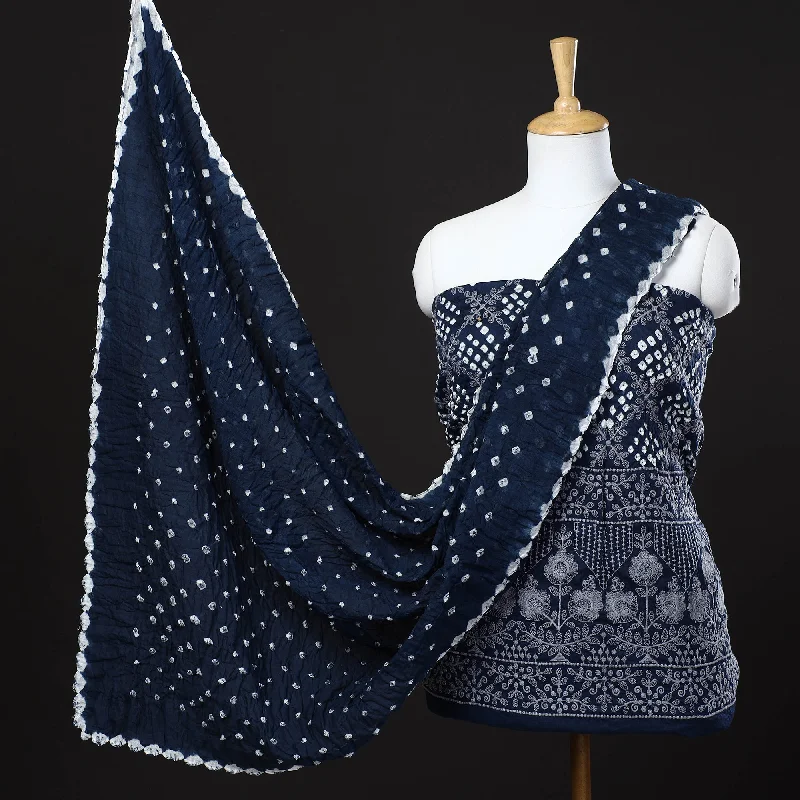 Special Discount Blue - 3pc Kutch Bandhani Tie-Dye Satin Cotton Suit Material Set