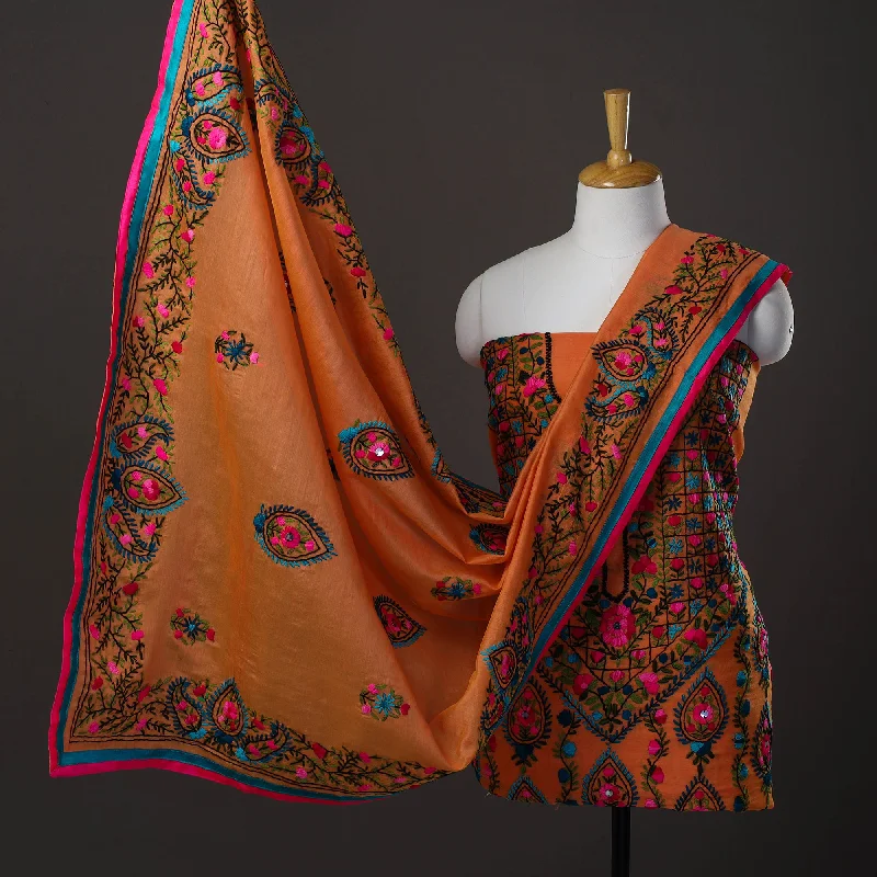 Huge Discounts Orange - 3pc Hand Embroidery Chanderi Silk Phulkari Dress Material 43