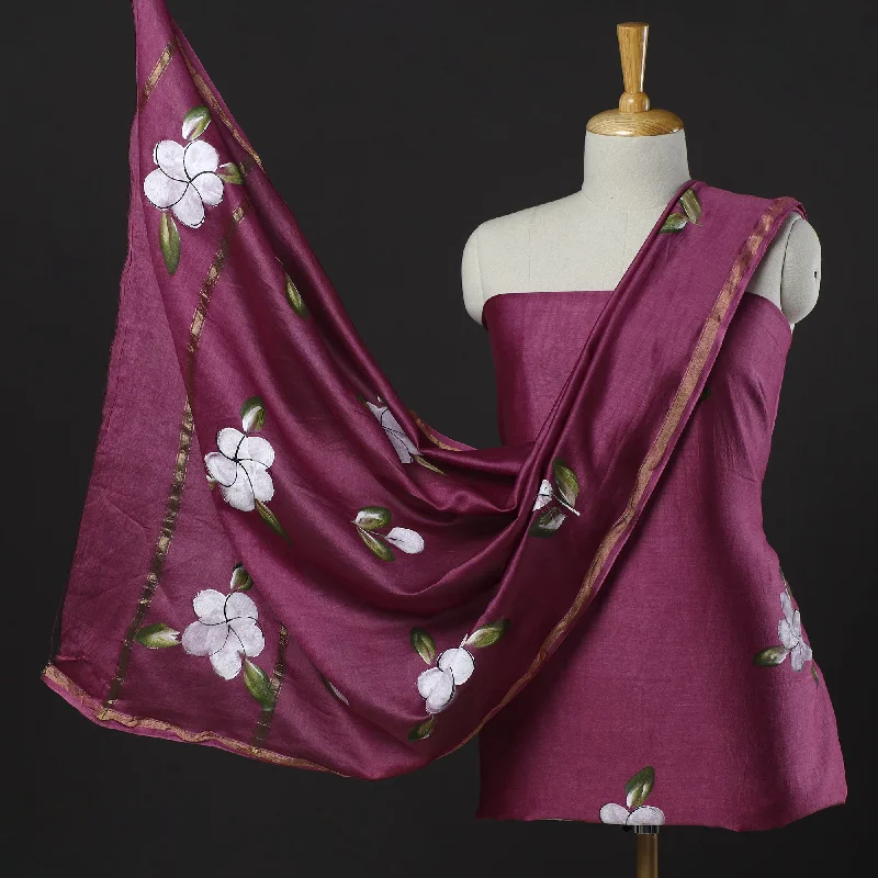 Discount Deals Purple - 3pc Hand Painted Chanderi Silk Suit Material Set 03