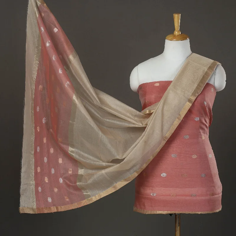 Instant Savings Peach - 2pc Zari Buti Handloom Chanderi Silk Dress Material 09