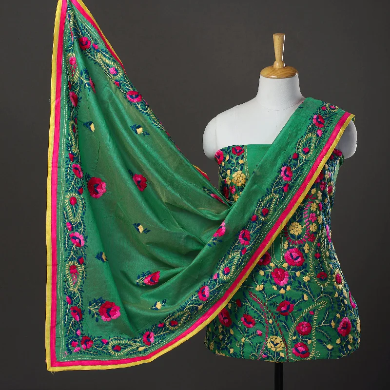 The Best Prices Green - 3pc Hand Embroidery Chanderi Silk Phulkari Dress Material 39