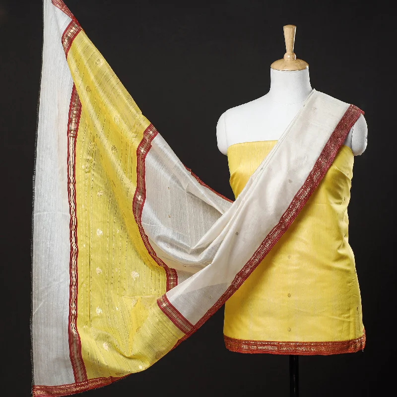 Weekend Deal Yellow - 3pc Chanderi Silk Handloom Zari Buti Suit Material Set