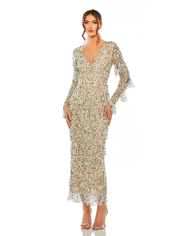 Crazy Savings Mac Duggal 93861 Beaded Fringe Midi Length Cocktail Dress