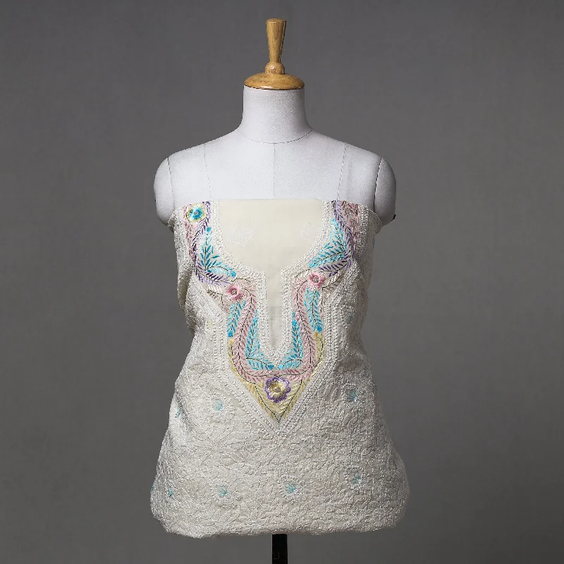 Act Fast White - Lucknow Chikankari with Parsi Style Embroidered Cotton Kurta Material - 2.95 Meter