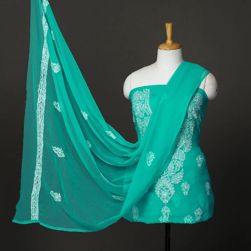 Price Rollback Green - 3pc Embroidery Georgette Chikankari Dress Material 17