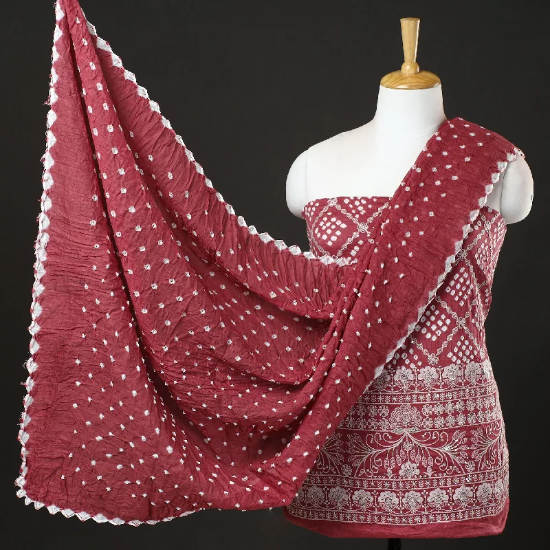 Markdowns Maroon - 3pc Kutch Bandhani Tie-Dye Sequin Work Satin Cotton Suit Material Set 32 Markdowns Maroon - 3pc Kutch Bandhani Tie-Dye Sequin Work Satin Cotton Suit Material Set 32