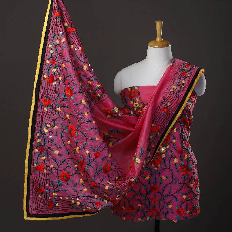 New Markdowns Pink - 3pc Hand Embroidery Chanderi Silk Phulkari Dress Material 63