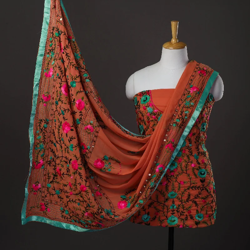 Price Buster Orange - 3pc Hand Embroidery Georgette Phulkari Dress Material 29
