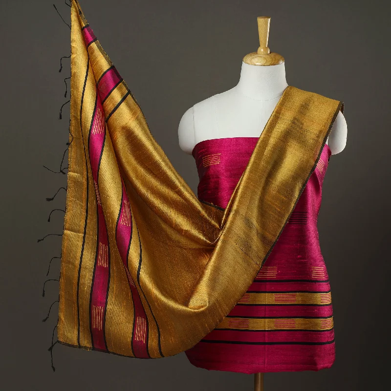 Time-Limited Offer Pink - 3pc Bhagalpuri Tussar Silk Dress Material Set 09