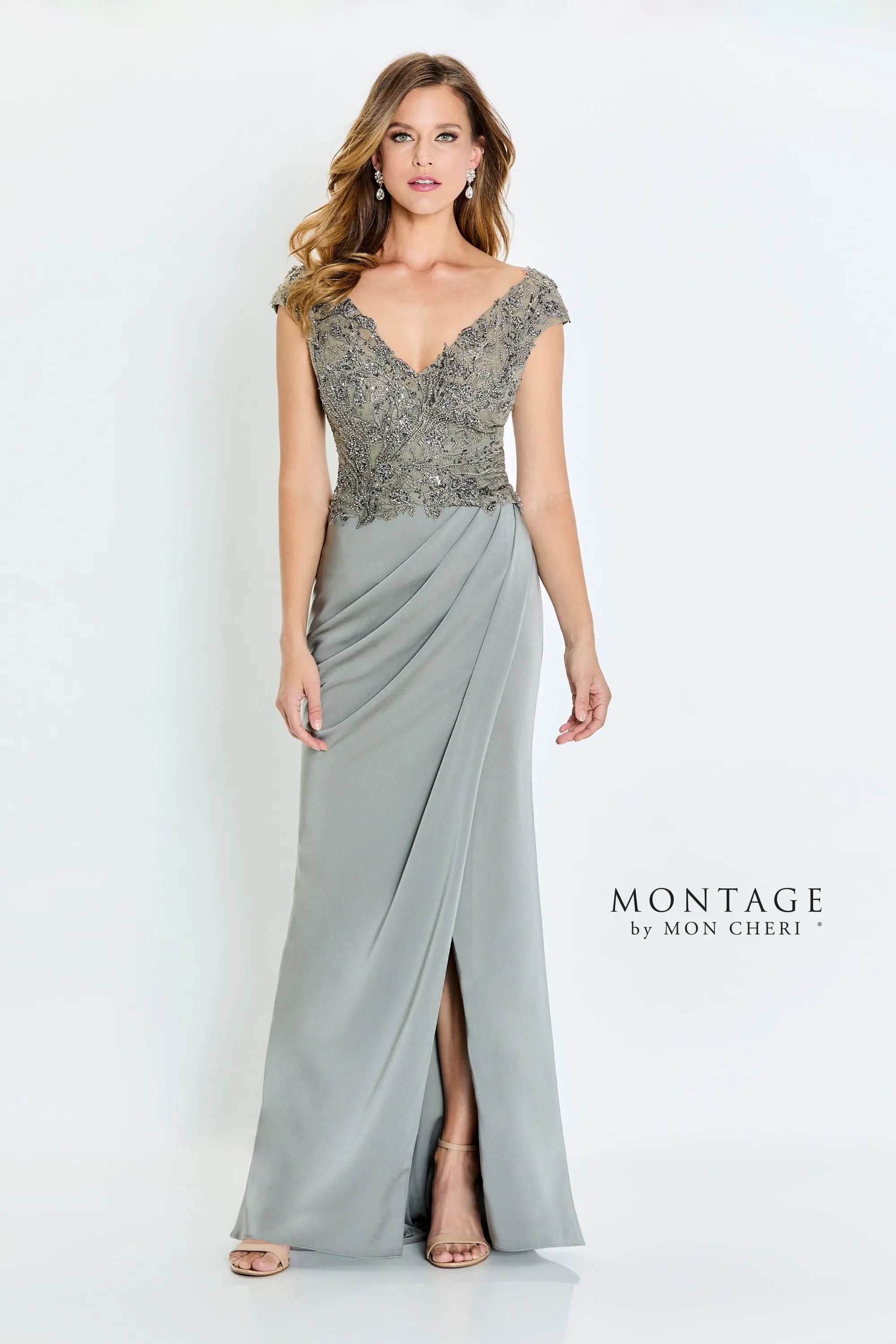 Steals and Deals Montage M532 Long Pleated Formal Beaded Slit Evening Dress