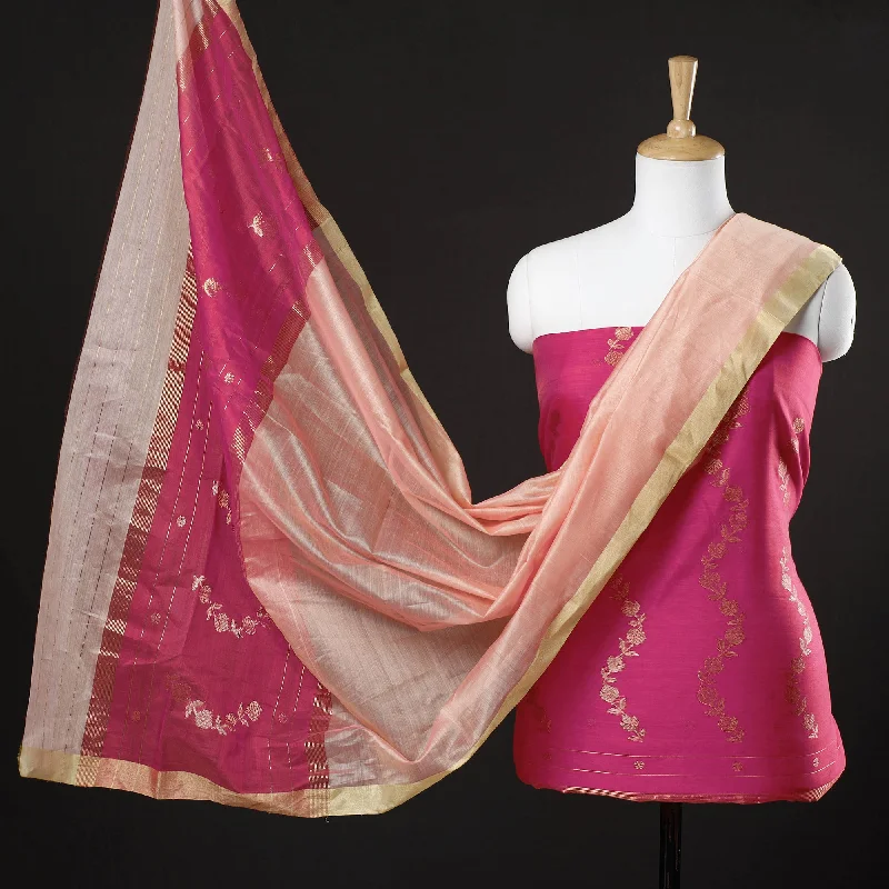Weekend Flash Sale Pink - 3pc Chanderi Silk Cotton Handloom Flower Zari Buta Suit Material Set