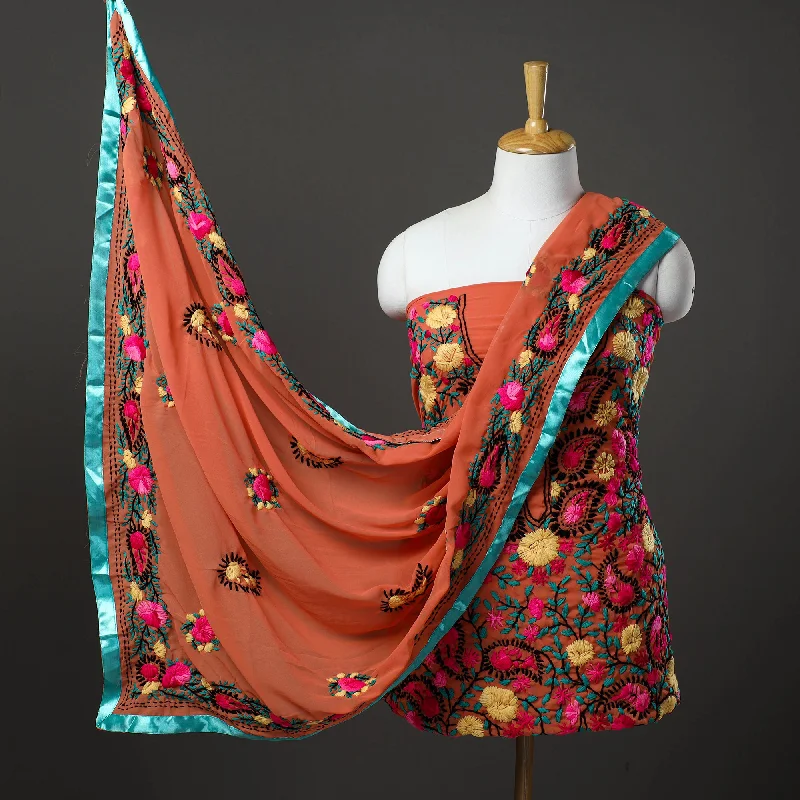 Deal Dash Orange - 3pc Hand Embroidery Georgette Phulkari Dress Material 28