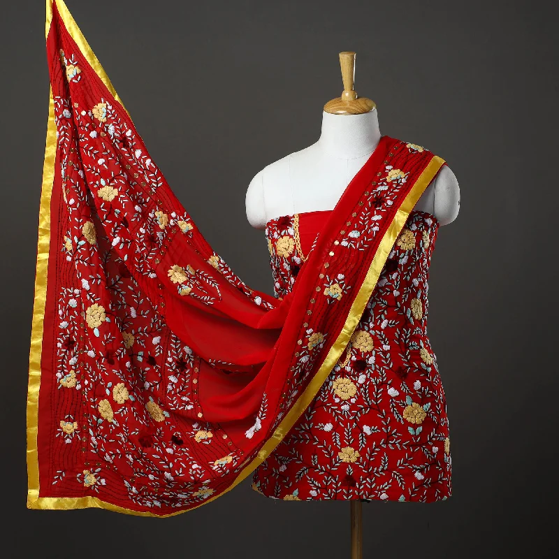 One-DAY Sale Red - 3pc Hand Embroidery Georgette Phulkari Dress Material 31