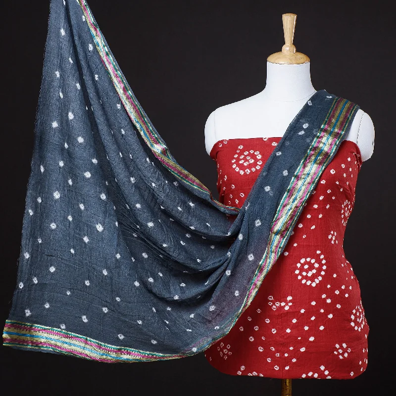 Closeout Sale Red - 3pc Kutch Bandhani Tie-Dye Cotton Suit Material Set