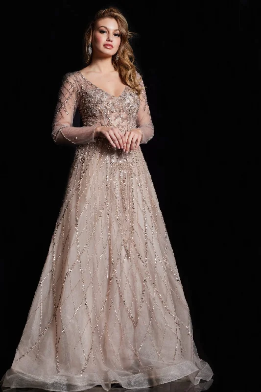Deal Dash Jovani 38589 Long Sleeve Beaded A Line Formal Dress