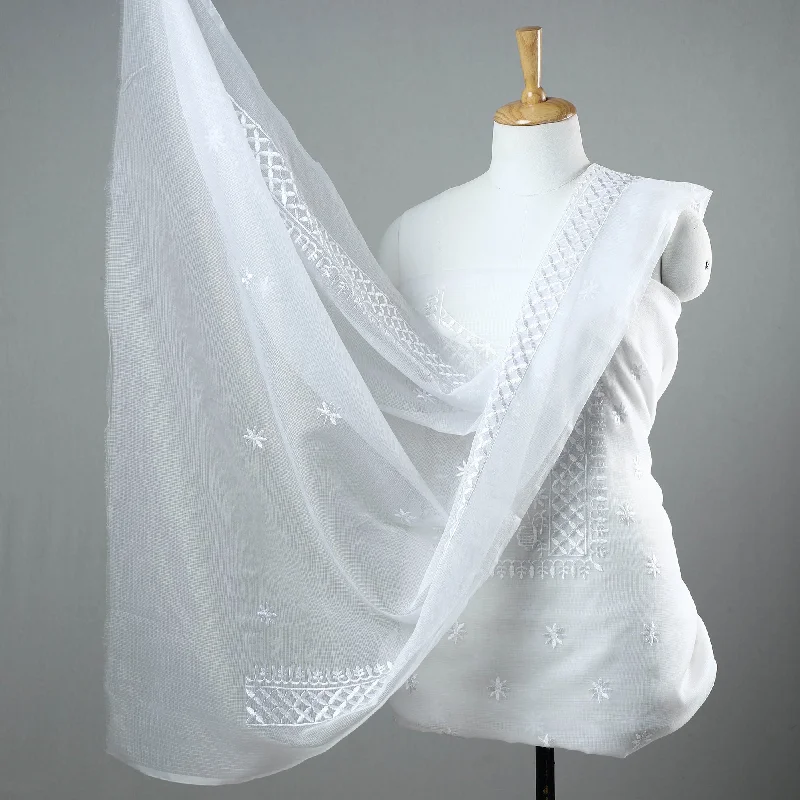 Savings Galore White - 3pc Cotton Embroidered Kota Doria Dress Material 10