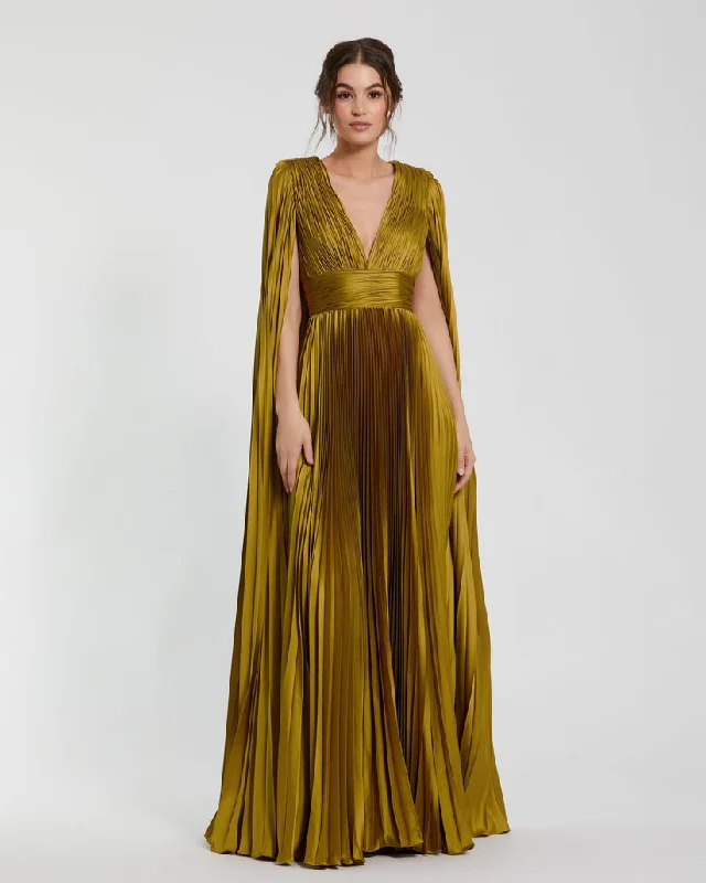 Mega Deal Mac Duggal 49872 Pleated Long A Line Formal Cape Sleeve Dress
