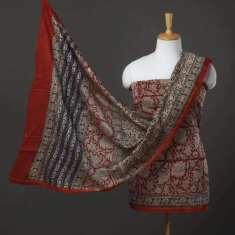 Instant Discount Red - 3pc Chanderi Silk Bagru Print Dress Material 05