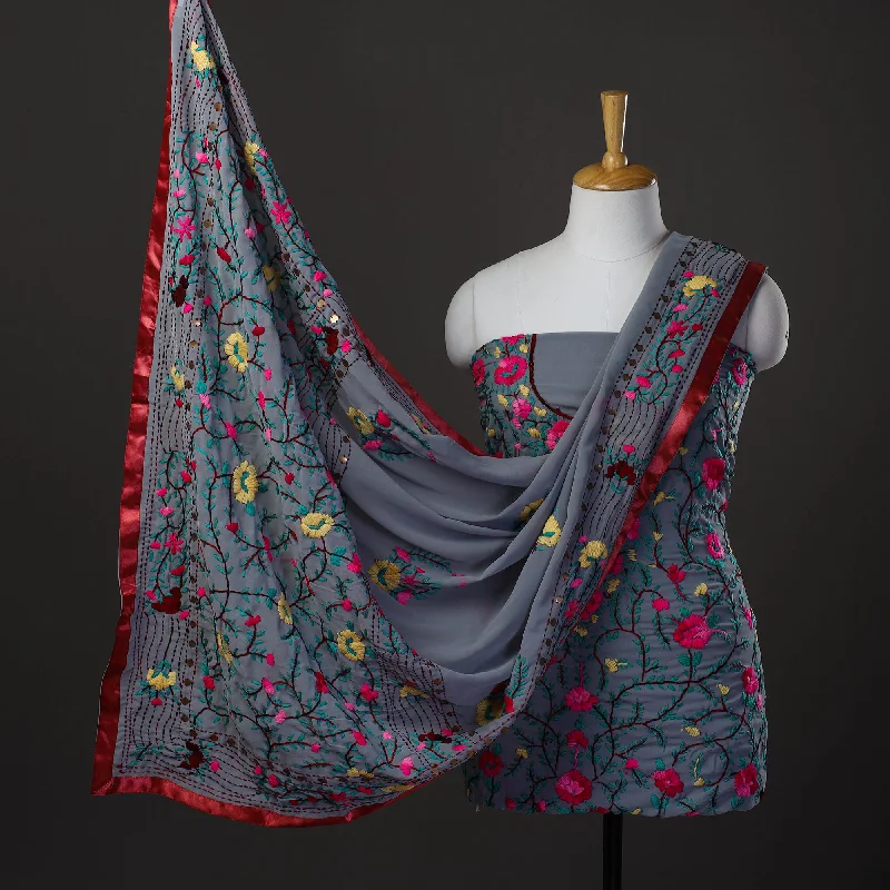 Savings Alert Grey - 3pc Hand Embroidery Georgette Phulkari Dress Material 27