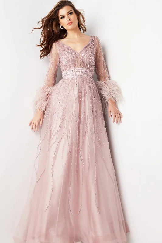 Crazy Deals Jovani 38583 A Line Long Beaded Formal Evening Feather Dress