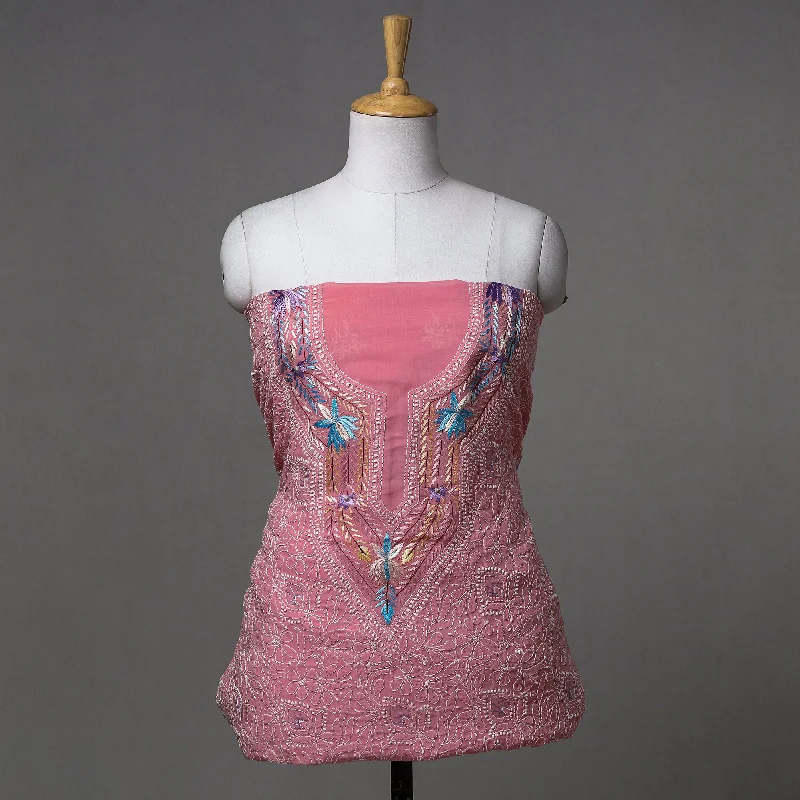 Price Drop Pink - Lucknow Chikankari with Parsi Style Embroidered Cotton Kurta Material - 3 Meter