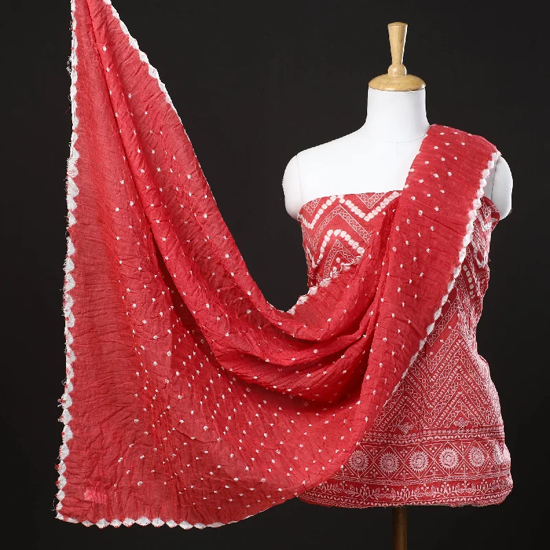 Major Savings Red - 3pc Kutch Bandhani Tie-Dye Satin Cotton Suit Material Set