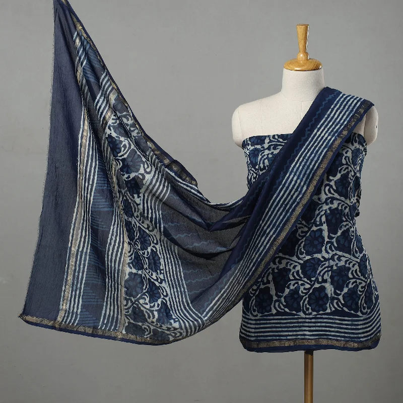 Can't Be Beat Blue - 3pc Chanderi Silk Indigo Bagru Print Dress Material 04