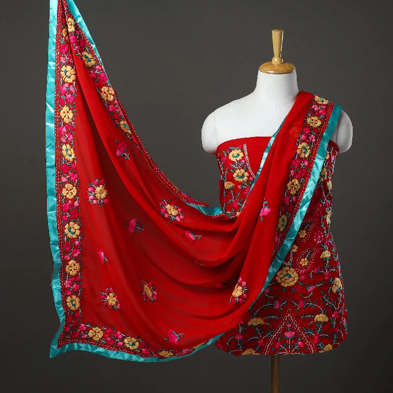 Value Deals Red - 3pc Hand Embroidery Georgette Phulkari Dress Material 38