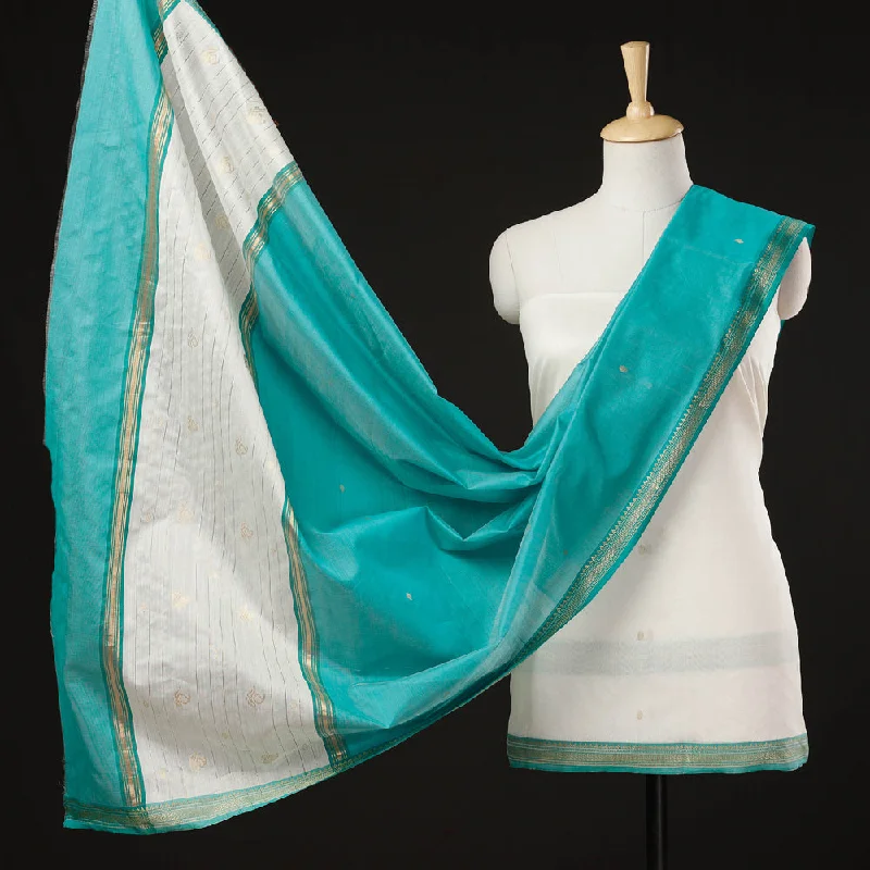 Seasonal Clearance White - 3pc Chanderi Silk Handloom Zari Buti Suit Material Set with Nakshi Zari Border