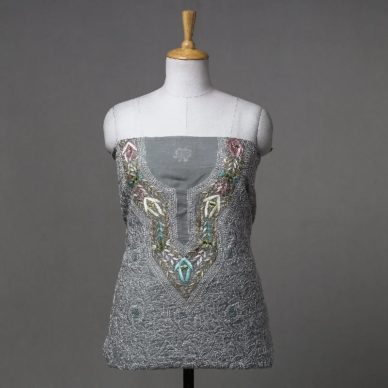 Discount Deals Grey - Lucknow Chikankari with Parsi Style Embroidered Cotton Kurta Material - 2.9 Meter