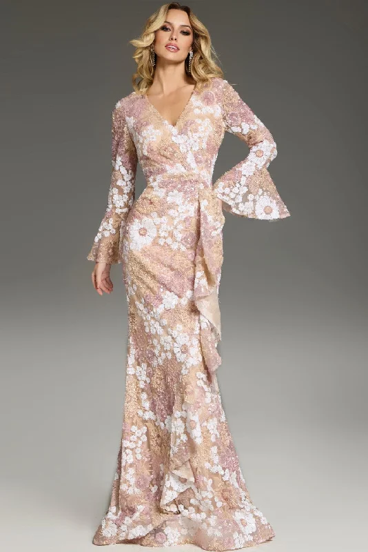 Referral Discount Jovani 39118 Fitted Long Sleeve Floral Evening Dress