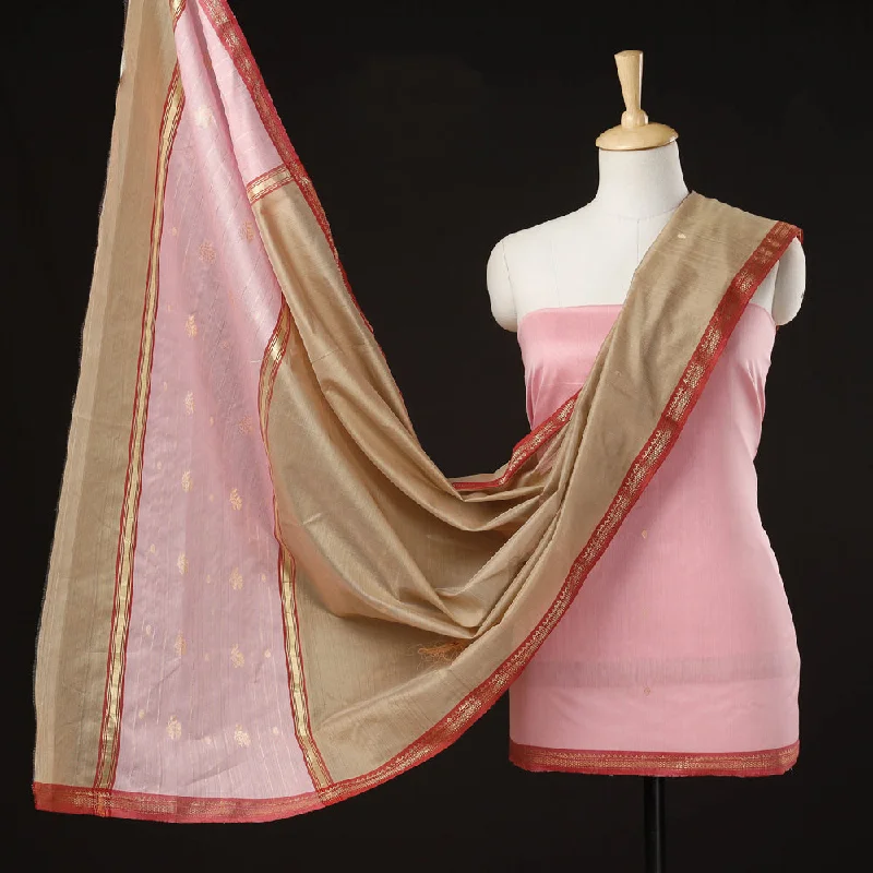 Sneak Peek Sale Pink - 3pc Chanderi Silk Handloom Zari Buti Suit Material Set with Nakshi Zari Border