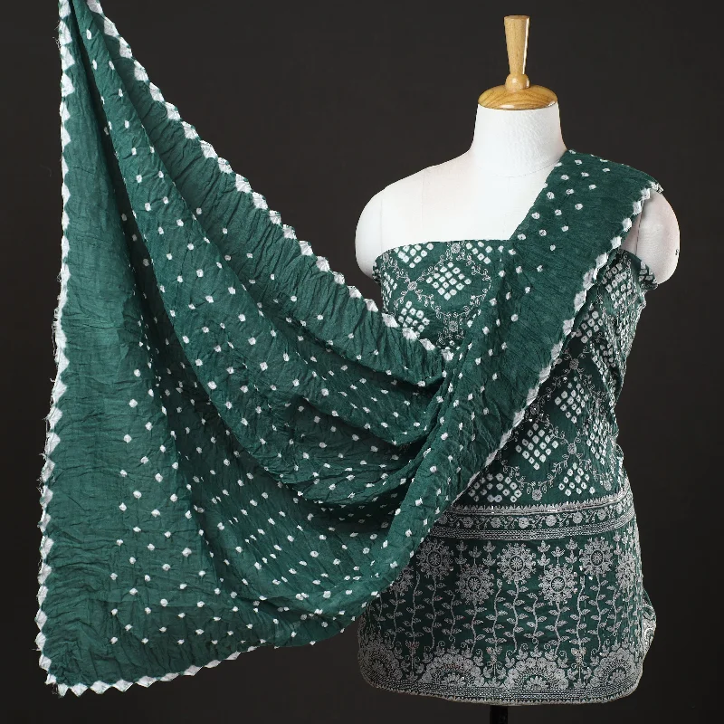 Deal Dash Green - 3pc Kutch Bandhani Tie-Dye Sequin Work Satin Cotton Suit Material Set 45 Deal Dash Green - 3pc Kutch Bandhani Tie-Dye Sequin Work Satin Cotton Suit Material Set 45