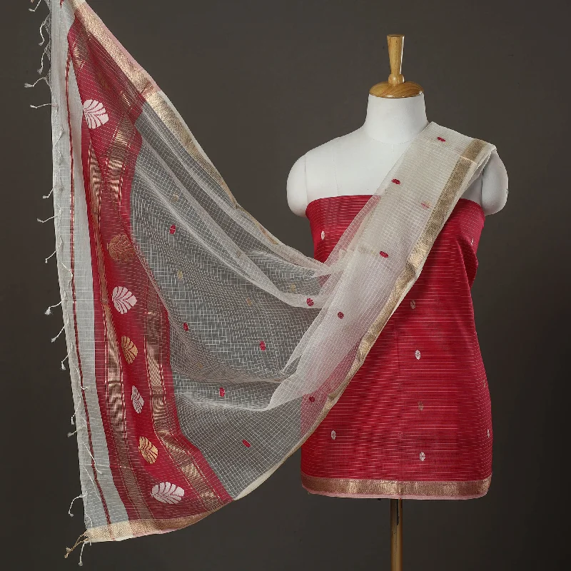 Epic Deals Red - 3pc Zari Buti Handloom Chanderi Silk Dress Material 03