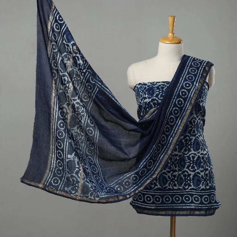 TIME-Limited Offer Blue - 3pc Chanderi Silk Indigo Bagru Print Dress Material 05