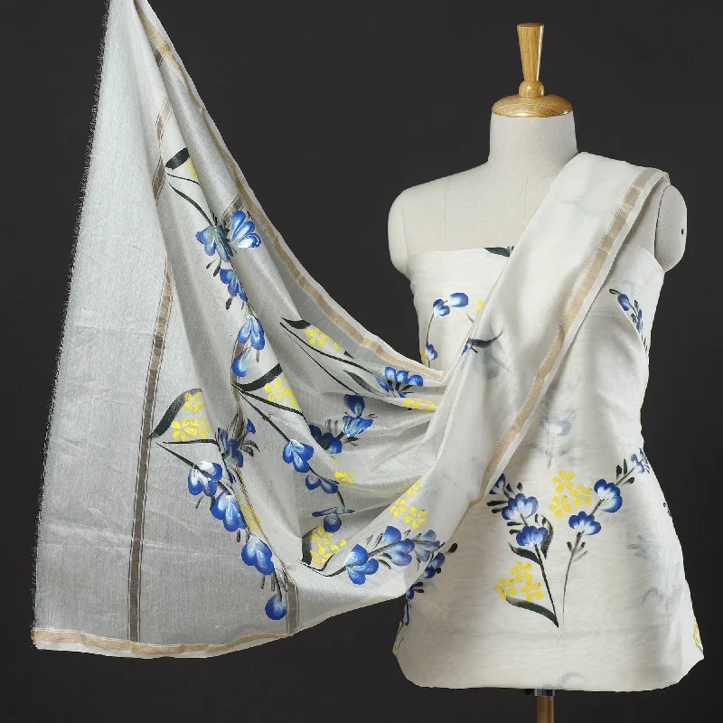 Steals and Deals White - 3pc Hand Painted Chanderi Silk Suit Material Set 01