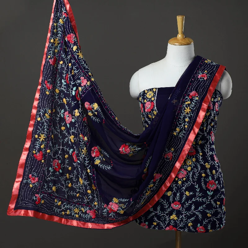 Limited Time Discount Blue - 3pc Hand Embroidery Georgette Phulkari Dress Material 67