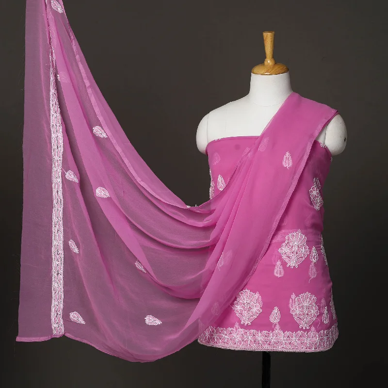 Super Bargain Pink - 3pc Embroidery Georgette Chikankari Dress Material 11