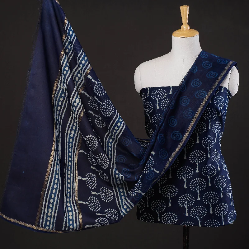 Final Clearance Blue - 3pc Indigo Dabu Block Printing Chanderi Silk Suit Material Set